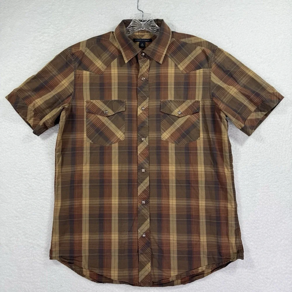Banana Republic Pearl Snap Western Shirt Mens M Brown Plaid Has Flaws SEE PHOTOS